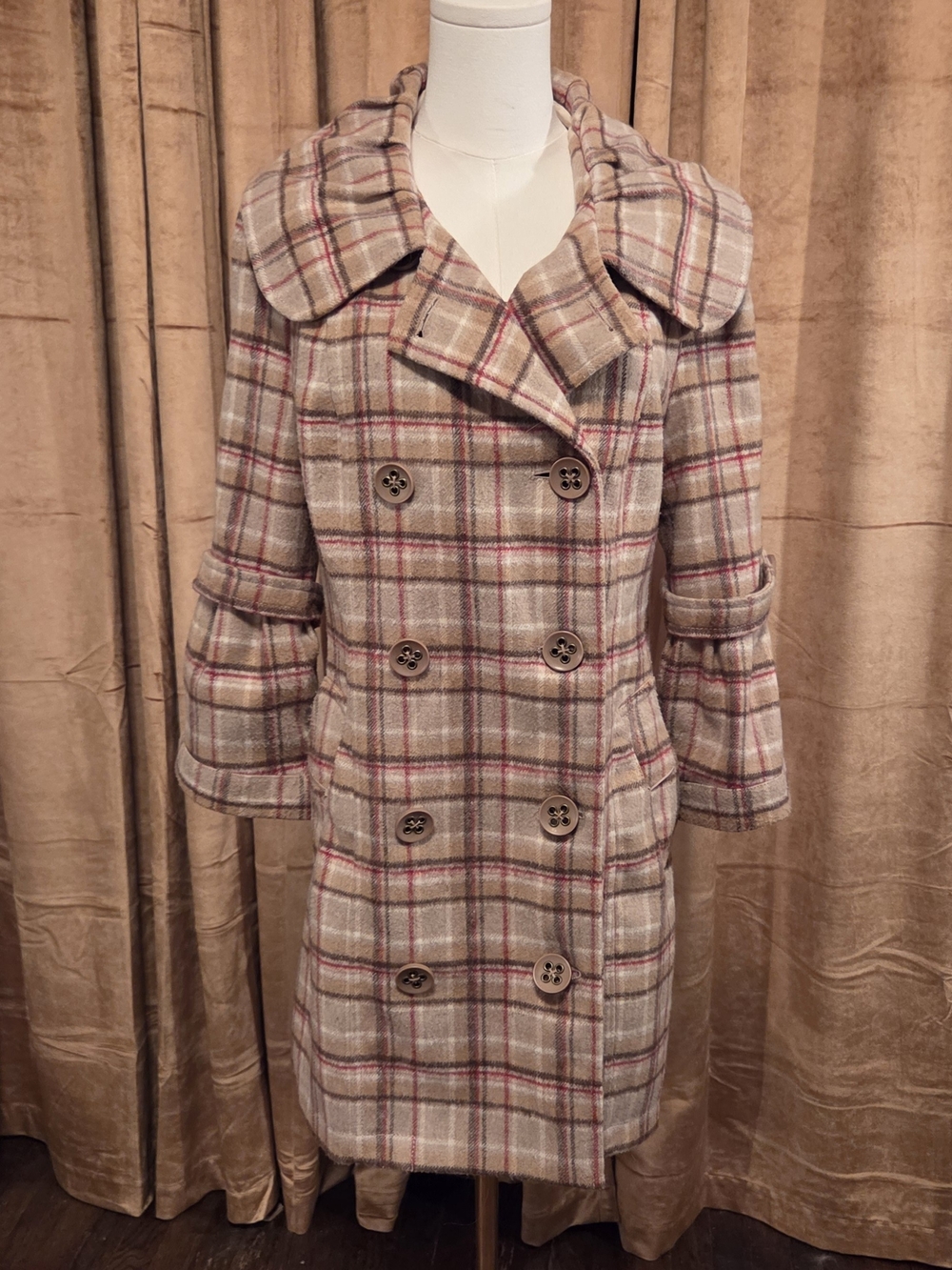 Vintage Y2K Twill Twenty Two Plaid Peacoat w/ Ruffle Collar & Bell Sleeve Medium
